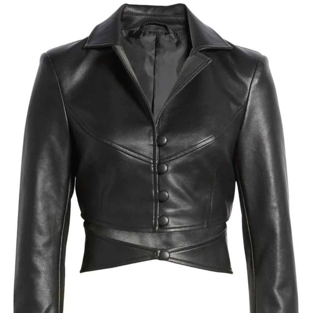Callie on Clout: Powder Blue Cut Out Button Up Vegan Leather Blazer - Picture 10 of 10